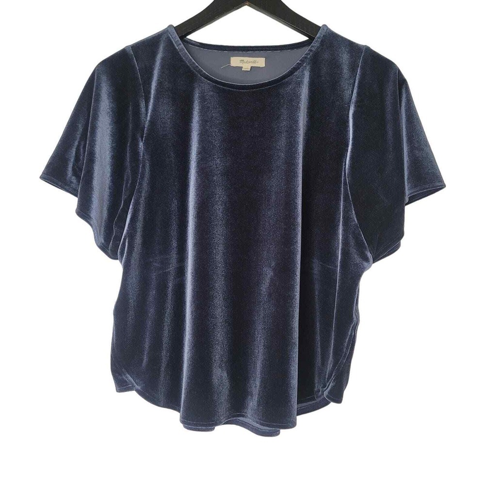 Madewell Velour Top S Blue Flutter Sleeve Crew Neck Whimsigoth‎ Fairy Boho